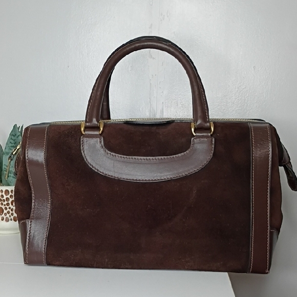 Vintage Gucci Brown Suede Boston Bag with Leather Trim – Gorgeous Condition 60s - Picture 7 of 17